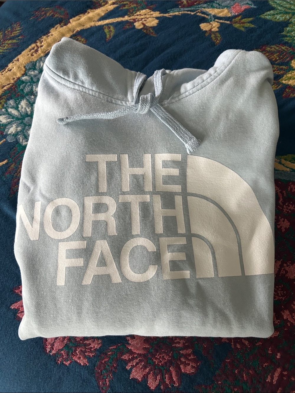 The North Face Light Blue pull over Hoodie with White Logo